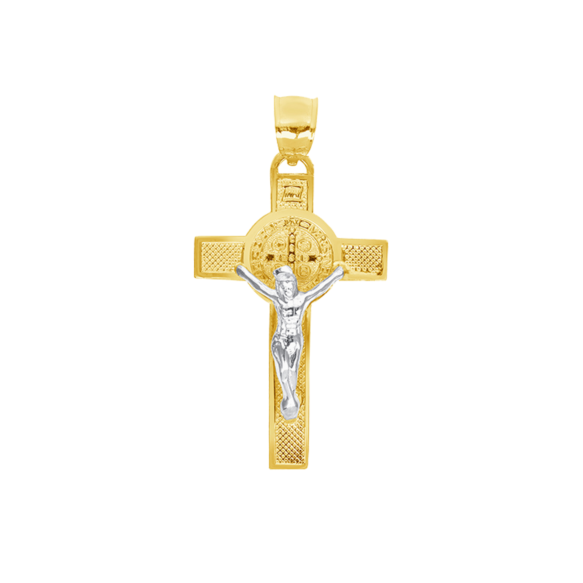 Two-Toned 14K Crucifixion French Curve Border Yellow and White
